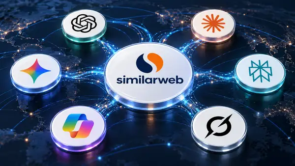 Illustration sur fond bleu nuit montrant le logo Similarweb au centre, relié par des flux lumineux aux logos de ChatGPT, Claude, Gemini, Perplexity, Microsoft Copilot et Grok. La composition symbolise l’analyse des recherches dans les IA et du trafic envoyé vers les sites web.