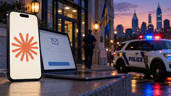 Illustration montrant le logo orange de Claude sur un smartphone, à côté d’un ordinateur affichant un formulaire numérique, devant un bâtiment et un véhicule de police américain aux gyrophares allumés. La scène évoque le faux signalement envoyé à la police de Philadelphie par Claude Haiku 4.5 pendant une évaluation, révélé dans un rapport d’Anthropic.