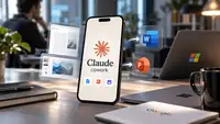 Smartphone affichant Claude Cowork d’Anthropic dans un environnement de travail numérique, entouré de documents et présentations illustrant l’arrivée de Claude Docs et Claude Slides face à Microsoft Word et PowerPoint.