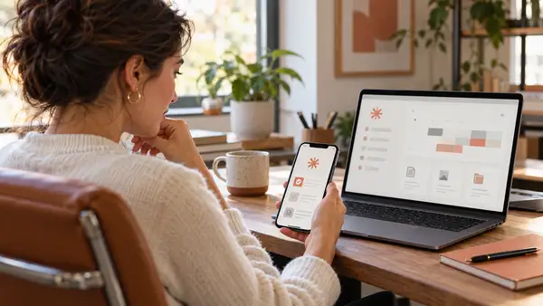 Entrepreneuse consultant un smartphone devant un ordinateur portable dans un bureau lumineux. Les écrans présentent une interface illustrative avec un calendrier, des documents et des tâches, évoquant les usages de Claude Duet, l’agent IA proactif d’Anthropic destiné à accompagner les professionnels dans leur organisation quotidienne.