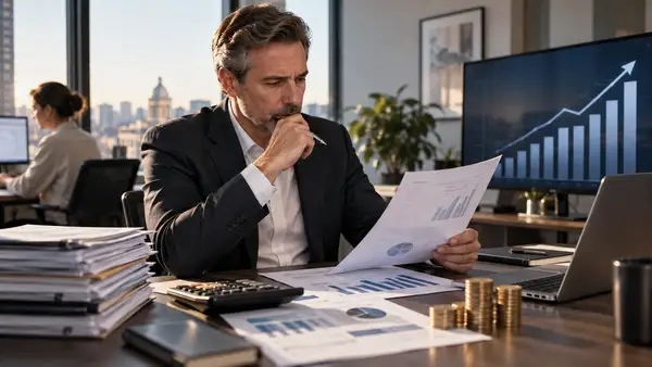 Dirigeant analysant des données financières, le coût d’un salarié et sa contribution au chiffre d’affaires afin d’évaluer sa rentabilité pour l’entreprise.