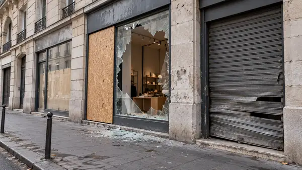 des commerces vandalisés dans une rue bordée d’immeubles en pierre. Au premier plan, une vitrine brisée est partiellement protégée par un panneau de bois, avec des éclats de verre sur le trottoir. À droite, un rideau métallique déformé ferme une boutique voisine. La rue est vide, éclairée par une lumière naturelle grise.