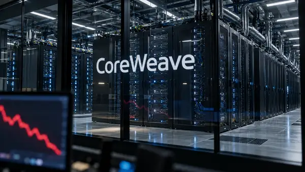 Illustration d’un centre de données dédié à l’intelligence artificielle, avec le logo CoreWeave sur une paroi vitrée, des rangées de serveurs noirs éclairées de voyants bleus et un écran affichant une courbe rouge descendante au premier plan. Le visuel évoque les tensions liées à la dette de CoreWeave et au coût du financement des infrastructures de calcul pour l’IA.