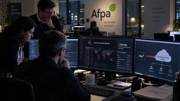 Équipe informatique de l’Afpa analysant une cyberattaque liée à un prestataire externe, avec des alertes de sécurité et des données potentiellement exposées sur plusieurs écrans.
