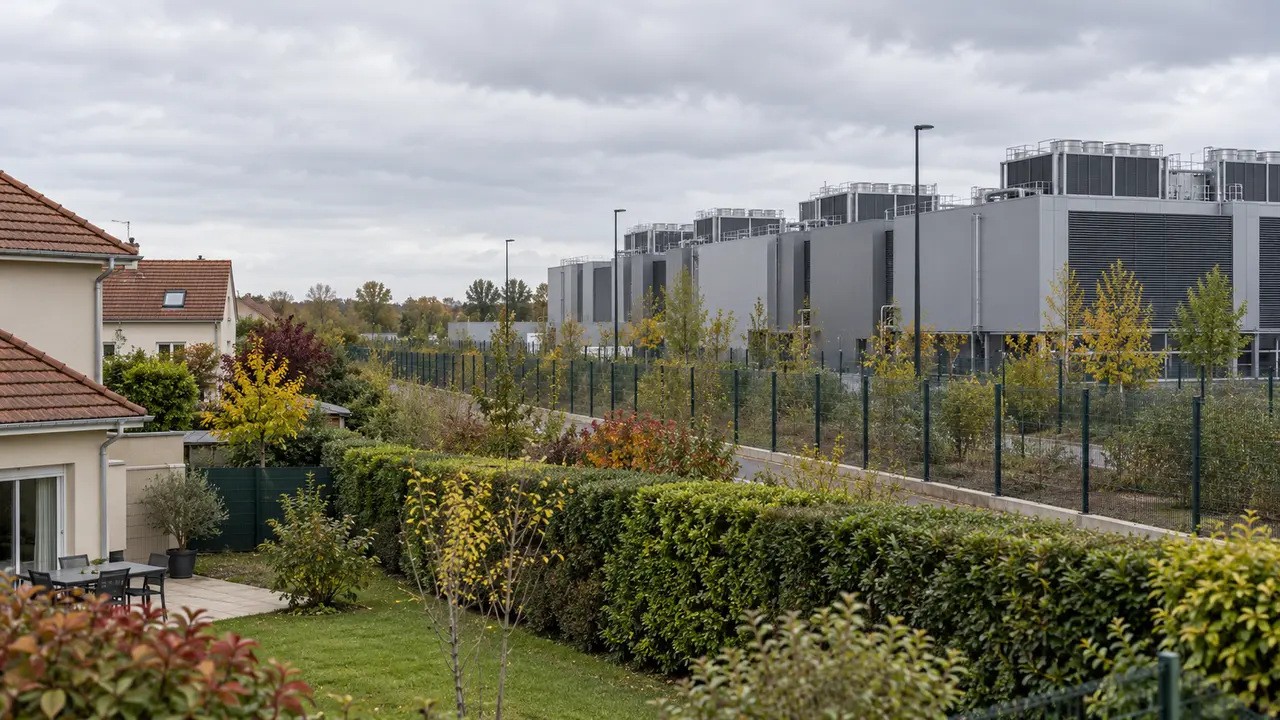 Illustration d’un centre de données contemporain avec des équipements de refroidissement, situé au-delà d’une clôture et à proximité de maisons avec jardins. Cette scène générique évoque les enjeux de voisinage du projet de Ballainvilliers, sans représenter son architecture ni son implantation exacte.
