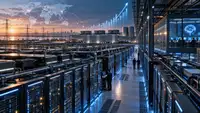 Vue panoramique d’un immense data center dédié à l’intelligence artificielle, composé de rangées de serveurs et d’infrastructures de refroidissement, avec des lignes électriques, un réseau numérique mondial et une courbe de croissance symbolisant les 31 600 milliards de dollars d’investissements potentiels dans les centres de données d’ici 2050.