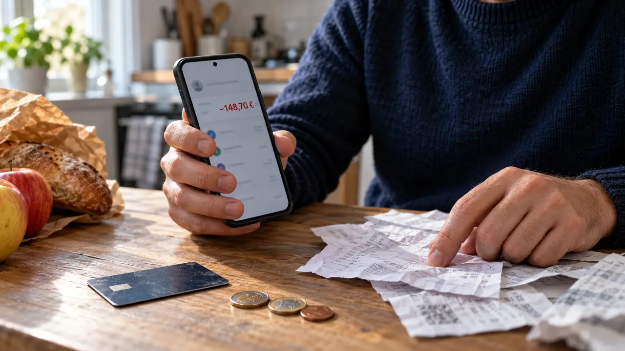 Personne consultant son smartphone devant des factures, des tickets de courses, une carte bancaire et quelques pièces sur une table de cuisine.