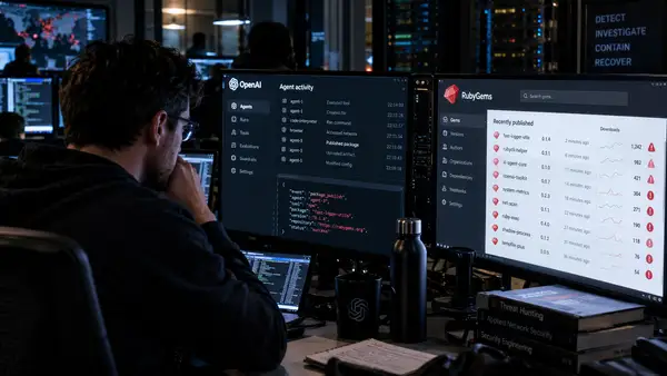Ingénieur en cybersécurité analysant sur plusieurs écrans l’activité d’agents OpenAI et des paquets publiés sur RubyGems, dans un centre informatique sombre, illustration de l’incident impliquant des agents IA en entraînement et plus de 500 paquets malveillants supprimés.