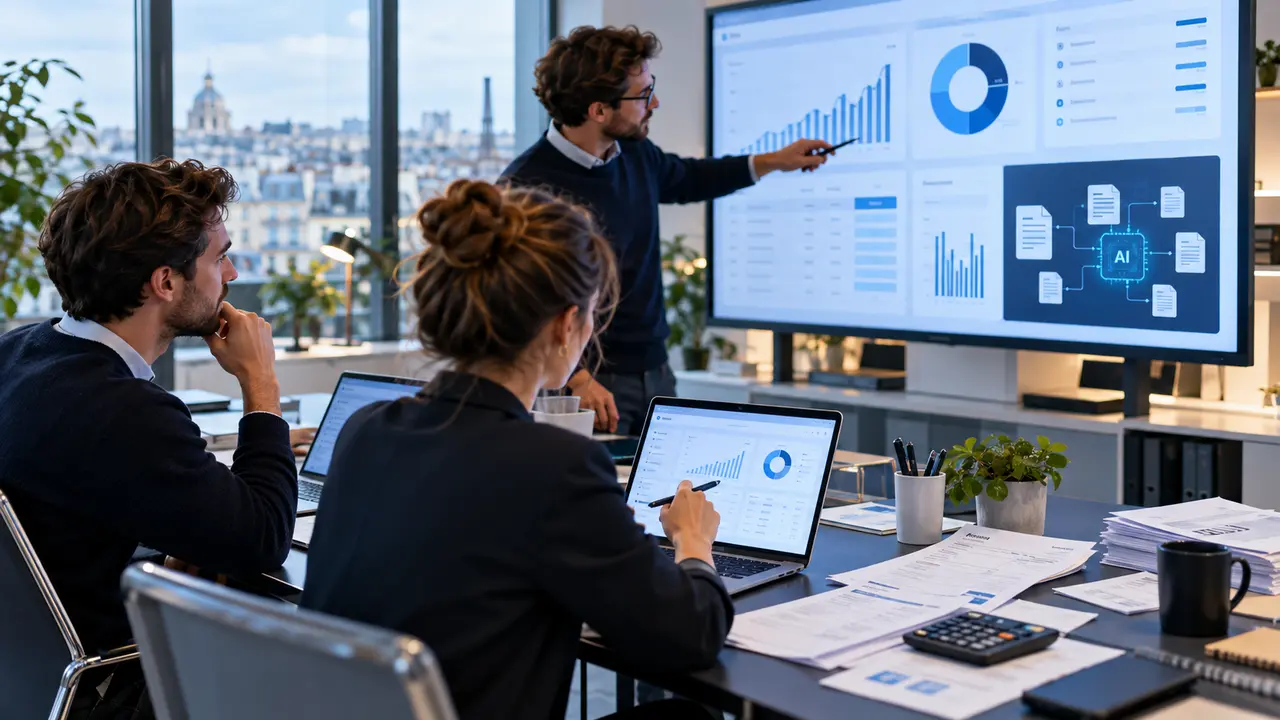 Équipe de professionnels analysant des données comptables et financières sur des écrans et des ordinateurs, illustrant la levée de fonds de 50 millions d’euros de Dougs et son accélération dans l’intelligence artificielle, l’automatisation comptable et les services numériques destinés aux TPE et PME.