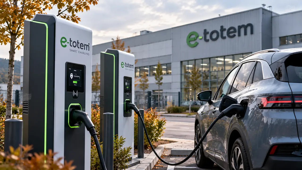 Illustration réaliste de bornes de recharge électrique E-Totem, avec le logo vert et gris de l'entreprise, installées devant un bâtiment industriel et utilisées par un véhicule électrique, pour accompagner l'article sur le redressement judiciaire d'E-Totem à Saint-Étienne, ses 88 salariés et la recherche d'un repreneur en novembre 2026.
