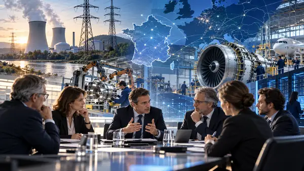 Illustration de la souveraineté industrielle et technologique française, symbolisant l'engagement d'EDF, Michelin, Safran et de cinq autres organisations dans la création du fonds de dotation Avenir Souveraineté en 2026. Cette initiative vise à mobiliser 50 millions d'euros sur cinq ans pour soutenir la recherche, les réflexions stratégiques et le renforcement de l'autonomie économique et industrielle européenne.