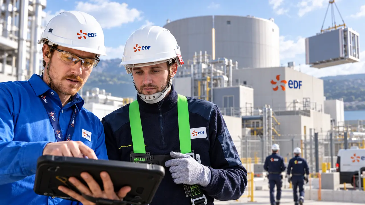 Ingénieurs EDF en tenue de sécurité sur un site nucléaire moderne avec infrastructure de petit réacteur modulaire, logo EDF visible sur les équipements et les bâtiments, illustrant le projet du groupe de construire 10 SMR en Europe d’ici 2035 avec la technologie NUWARD.