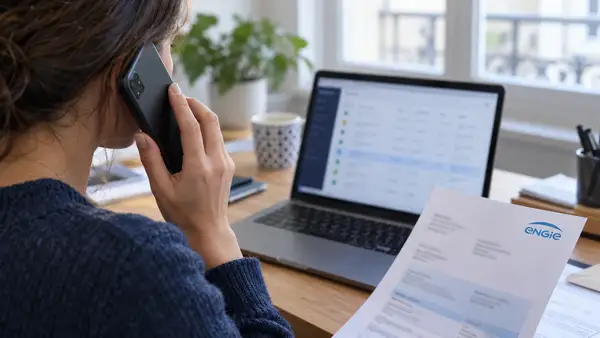 Illustration d’une cliente au téléphone devant un ordinateur portable affichant une interface de dossiers, avec une facture portant le logo ENGIE au premier plan. La scène évoque le risque de faux appels de conseillers après l’exposition de coordonnées et de références contractuelles de clients.