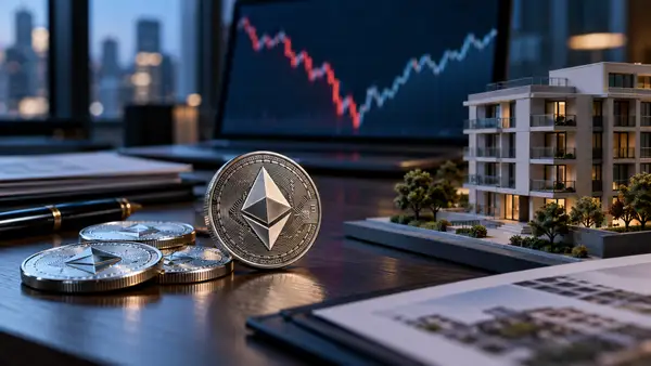 Jetons métalliques au symbole Ethereum sur un bureau, devant une maquette d’immeuble et un écran affichant une courbe financière.