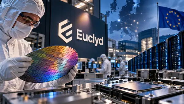 Illustration d'une infrastructure de semi-conducteurs Euclyd avec un ingénieur manipulant un wafer de silicium, des processeurs et des serveurs dédiés à l'intelligence artificielle, alors que la startup européenne lève plus de 200 millions d'euros pour développer ses puces IA.