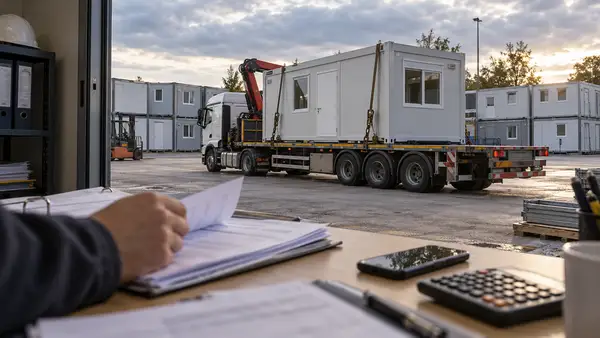 Illustration d’une livraison de bâtiment modulaire dans une cour industrielle : un module blanc est arrimé sur un camion plateau équipé d’une grue, devant plusieurs constructions préfabriquées. Au premier plan, une personne examine un dossier de commande dans un bureau donnant sur la cour, à côté d’un smartphone et d’une calculatrice. La scène évoque les vérifications commerciales face à une escroquerie au faux client.