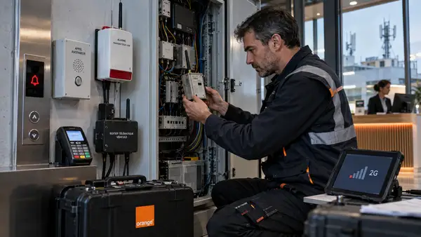 Technicien Orange inspectant un ancien module GSM dans une armoire technique, entouré d’une alarme, d’un système d’appel d’ascenseur, d’un terminal de paiement et d’équipements professionnels concernés par l’extinction de la 2G en France en 2026.