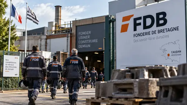 Salariés de la Fonderie de Bretagne entrant sur le site industriel de Caudan, dans le Morbihan, illustrant la recherche d’un repreneur après le dépôt de trois offres industrielles en septembre 2026.