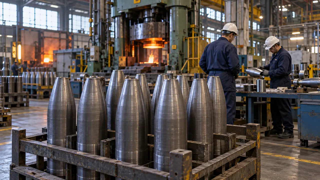 Un atelier de forge, avec des corps métalliques d’obus en cours de fabrication rangés au premier plan et deux ouvriers équipés de protections près d’une presse industrielle.