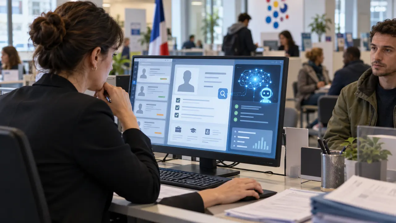Illustration réaliste d'une conseillère dans une agence française pour l'emploi examinant sur ordinateur les dossiers de demandeurs d'emploi à l'aide d'une interface d'intelligence artificielle générative. L'écran présente des fiches administratives, des profils, des indicateurs de vérification et une représentation numérique de l'IA, tandis qu'un demandeur d'emploi se tient face au bureau. Cette scène illustre le projet expérimenté par France Travail en 2026 pour assister ses agents dans l'analyse et la synthèse des dossiers de contrôle de la recherche d'emploi, dans la perspective de l'objectif de 1,5 million de contrôles en 2027, les décisions restant confiées aux conseillers humains.