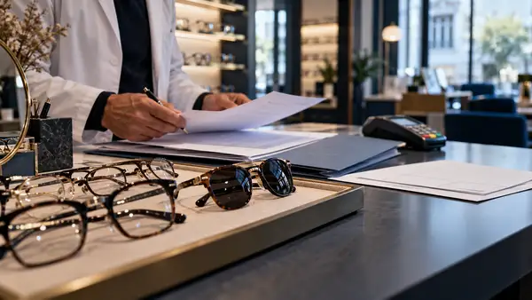 Illustration d’un comptoir d’optique avec plusieurs montures de lunettes, des lunettes de soleil et des documents examinés par un professionnel, pour accompagner un article sur une fraude présumée aux remboursements par les mutuelles.