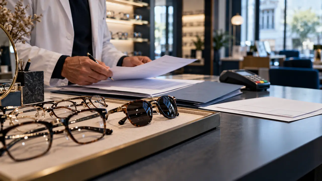Illustration d’un comptoir d’optique avec plusieurs montures de lunettes, des lunettes de soleil et des documents examinés par un professionnel, pour accompagner un article sur une fraude présumée aux remboursements par les mutuelles.