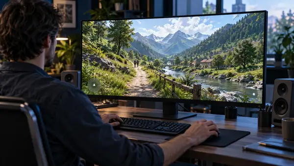 un utilisateur devant un grand écran affichant un paysage virtuel avec montagnes, rivière, végétation et chemin de promenade, évoquant l’exploration des mondes interactifs de Google Genie 4.