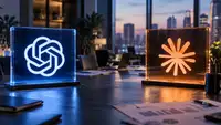 Dans un bureau d’entreprise au crépuscule, deux panneaux lumineux se font face : l’emblème de ChatGPT apparaît en blanc sur fond bleu à gauche, celui de Claude en orange à droite. Cette illustration représente la concurrence entre les nouveaux modèles GPT-6 Sol et Luna d’OpenAI et Claude Opus 5.5 d’Anthropic.