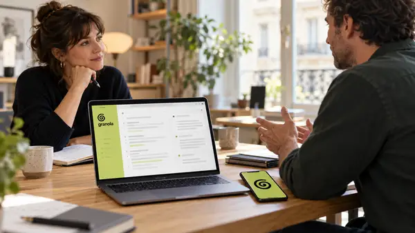 Illustration d’une interview entre deux professionnels autour d’une table, avec un ordinateur affichant une interface de notes associée à Granola et un smartphone présentant son logo noir sur fond vert, pour évoquer la prise de notes assistée par intelligence artificielle.