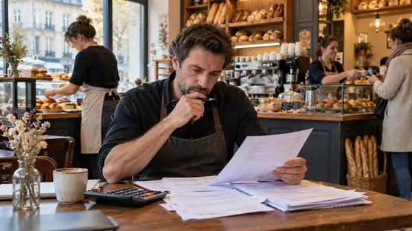 Dirigeant d’une boulangerie-café examinant des documents de gestion avec une calculatrice, tandis que des salariées travaillent derrière le comptoir.