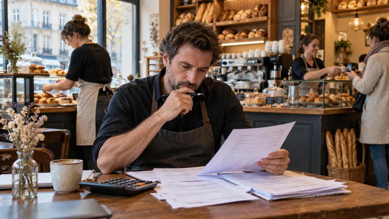 Dirigeant d’une boulangerie-café examinant des documents de gestion avec une calculatrice, tandis que des salariées travaillent derrière le comptoir.