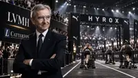 Compétition HYROX dans une grande arène sportive avec des athlètes en pleine épreuve, illustrant l’investissement de L Catterton, partenaire de LVMH, dans HYROX valorisé autour de 600 millions d’euros.