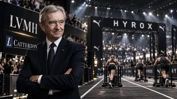 Compétition HYROX dans une grande arène sportive avec des athlètes en pleine épreuve, illustrant l’investissement de L Catterton, partenaire de LVMH, dans HYROX valorisé autour de 600 millions d’euros.