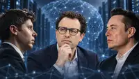 Sam Altman, Dario Amodei et Elon Musk réunis dans une illustration éditoriale sur fond de réseau d’intelligence artificielle, alors que plusieurs dirigeants du secteur appellent à ralentir le développement des modèles IA les plus avancés.