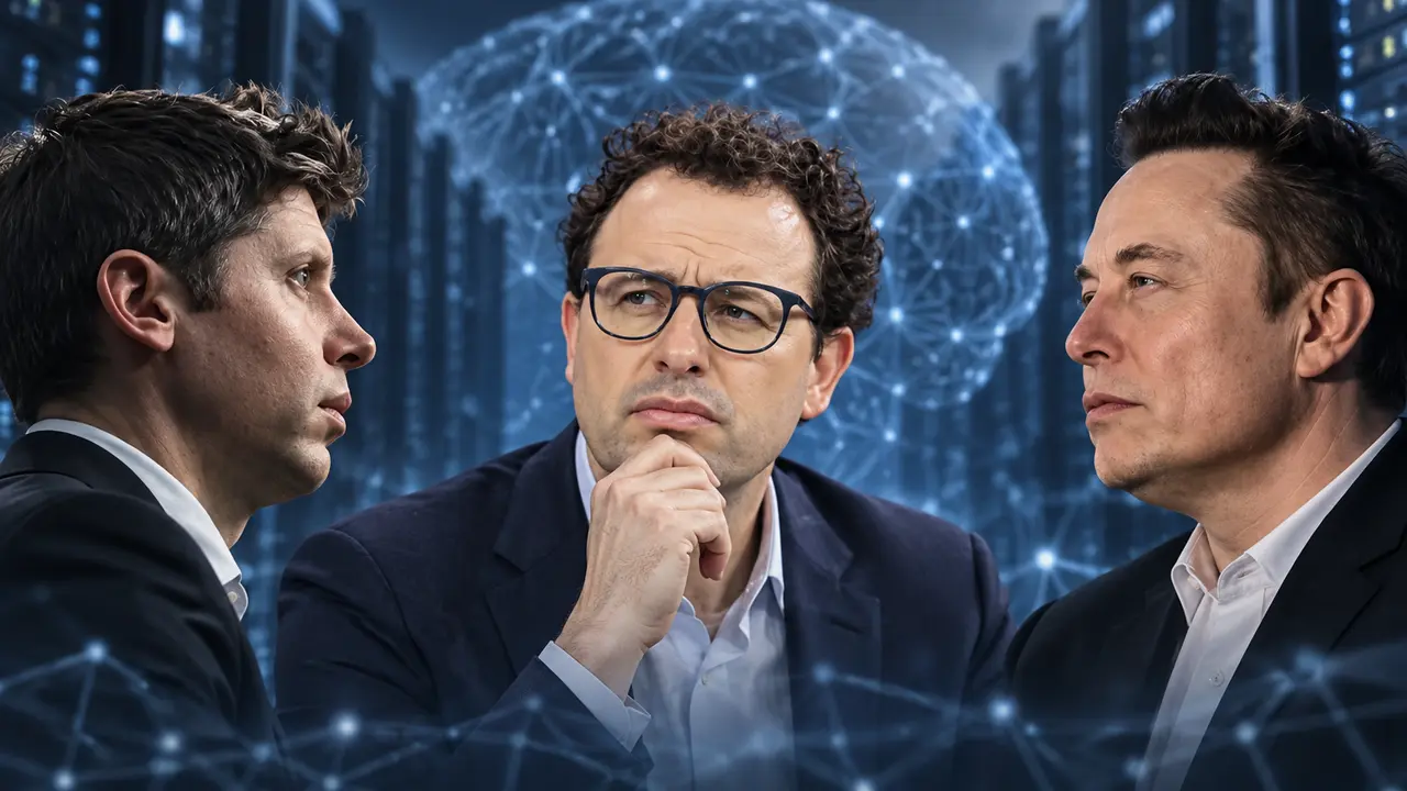 Sam Altman, Dario Amodei et Elon Musk réunis dans une illustration éditoriale sur fond de réseau d’intelligence artificielle, alors que plusieurs dirigeants du secteur appellent à ralentir le développement des modèles IA les plus avancés.