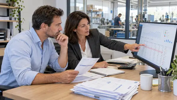 Un dirigeant de PME et une comptable comparent des factures papier avec un tableau de bord financier sur écran, dans un bureau donnant sur un atelier, pour illustrer les usages de l’IA en comptabilité.