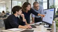 Une équipe en réunion devant un écran, illustration des enjeux de compétences et de formation liés à l’intelligence artificielle en entreprise.