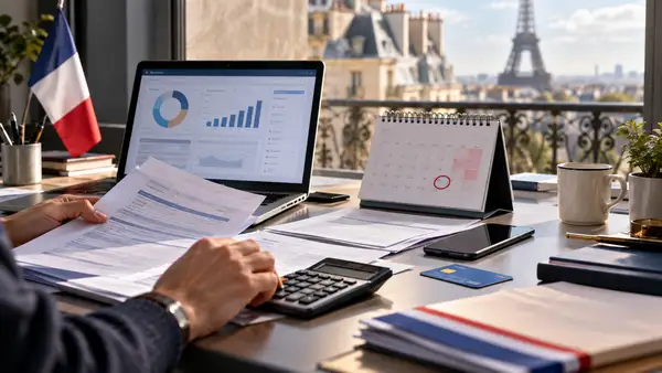 Contribuable français consultant ses documents fiscaux et son calendrier de paiement des impôts en septembre 2026, avec ordinateur, calculatrice et échéances de prélèvement.