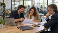 Illustration réaliste d’un dirigeant de PME industrielle échangeant avec une investisseuse et un conseiller autour de documents financiers, dans un bureau donnant sur un atelier de production. La scène évoque une souscription au capital d’entreprise et le financement des PME, au cœur du dispositif de réduction d’impôt IR-PME en 2026.