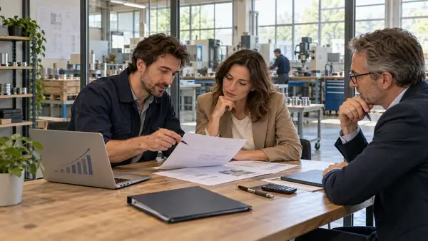 Illustration réaliste d’un dirigeant de PME industrielle échangeant avec une investisseuse et un conseiller autour de documents financiers, dans un bureau donnant sur un atelier de production. La scène évoque une souscription au capital d’entreprise et le financement des PME, au cœur du dispositif de réduction d’impôt IR-PME en 2026.