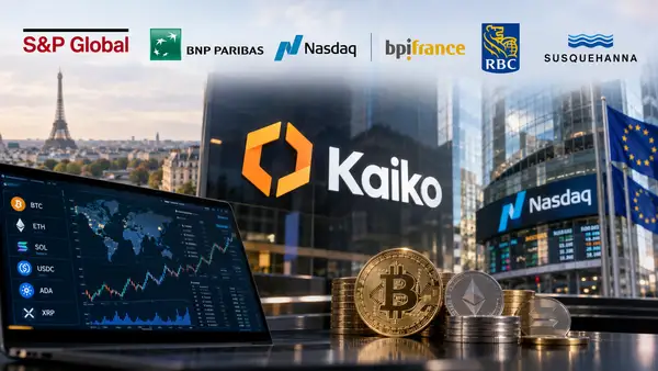 Kaiko entourée des logos de S&P Global, BNP Paribas, Nasdaq, Bpifrance, RBC et Susquehanna, avec des données de marché et des actifs numériques illustrant sa levée de fonds de 110 millions de dollars.