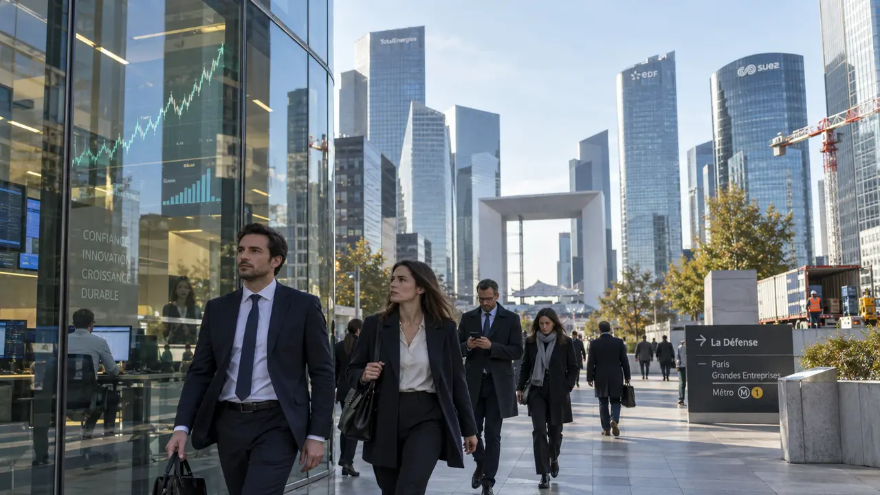 Quartier d’affaires français avec des salariés et des immeubles de bureaux illustrant le retour de la croissance du secteur privé et la hausse du PMI France en septembre 2026.