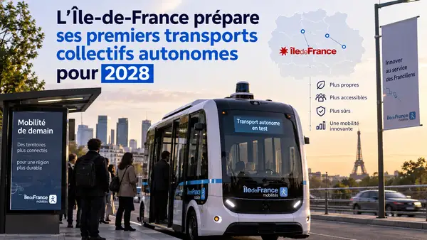 Minibus autonome circulant dans une commune d’Île-de-France près d’un arrêt de transport collectif