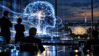 Représentation de la superintelligence artificielle sous forme d’un cerveau numérique face à Washington et à la Maison-Blanche, illustrant l’évolution de l’IA vers la Super Intelligence aux États-Unis