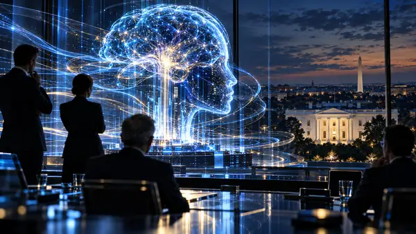 Représentation de la superintelligence artificielle sous forme d’un cerveau numérique face à Washington et à la Maison-Blanche, illustrant l’évolution de l’IA vers la Super Intelligence aux États-Unis