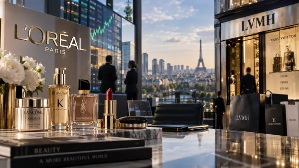 Illustration de L’Oréal et LVMH à Paris symbolisant le dépassement de LVMH par L’Oréal en capitalisation boursière et le nouveau rapport de force entre beauté et luxe français.