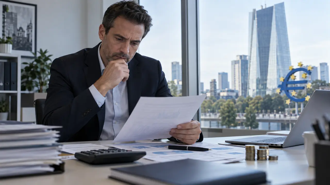 Dirigeant de PME français analysant une proposition de crédit professionnel dans un bureau, avec des documents financiers, un ordinateur, des pièces en euros et le siège de la BCE à Francfort en arrière-plan, après la hausse des taux directeurs à 2,5 % en septembre 2026.