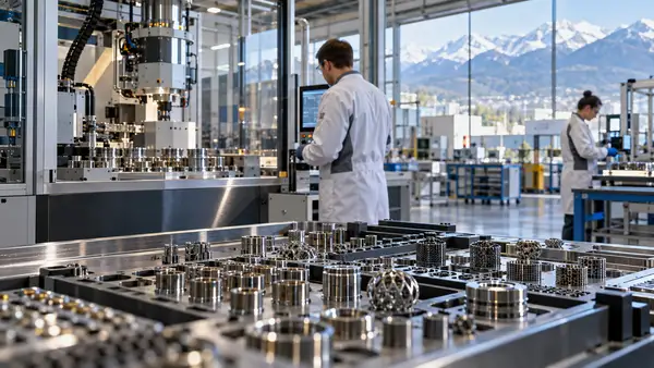 Usine industrielle de précision illustrant la production de pièces en métaux amorphes par la deeptech française Vulkam près de Grenoble, avec des composants métalliques, des machines de production et des techniciens au cœur d’un site industriel moderne.