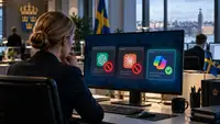 Illustration d'un bureau gouvernemental suédois avec le drapeau de la Suède et une fonctionnaire devant un ordinateur affichant les logos de ChatGPT d'OpenAI et Claude d'Anthropic accompagnés de symboles rouges d'accès interdit, tandis que Microsoft Copilot apparaît autorisé. L'image illustre la décision du gouvernement suédois du 26 octobre 2026 de restreindre l'accès direct à ChatGPT et Claude sur les postes professionnels de certains services administratifs, afin de renforcer le contrôle des outils d'intelligence artificielle et la sécurité des données.
