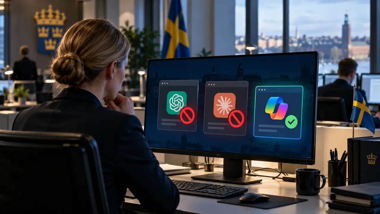 Illustration d'un bureau gouvernemental suédois avec le drapeau de la Suède et une fonctionnaire devant un ordinateur affichant les logos de ChatGPT d'OpenAI et Claude d'Anthropic accompagnés de symboles rouges d'accès interdit, tandis que Microsoft Copilot apparaît autorisé. L'image illustre la décision du gouvernement suédois du 26 octobre 2026 de restreindre l'accès direct à ChatGPT et Claude sur les postes professionnels de certains services administratifs, afin de renforcer le contrôle des outils d'intelligence artificielle et la sécurité des données.